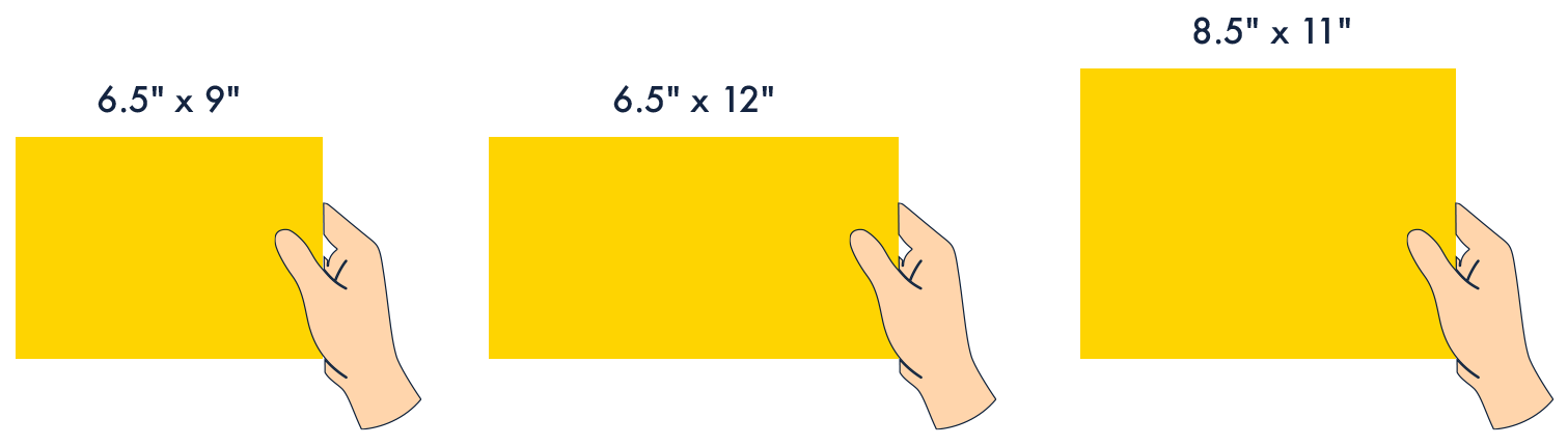 The three mailer sizes held in a hand for scale: 6.5 by 9 inches, 6.5 by 12 inches and 8.5 by 11 inches.